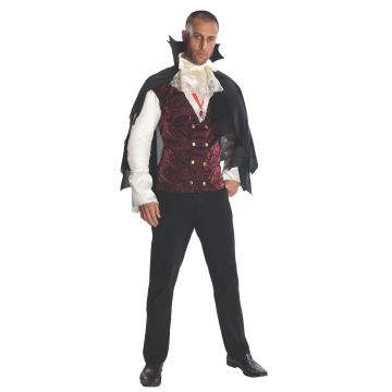 Adult mens vampire costume with burgundy brocade vest and black cape