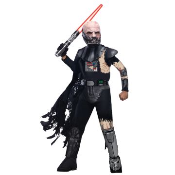 Kids Darth Vader battle damaged costume full view with tattered cape and scarred mask