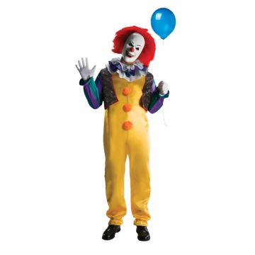 Adult Pennywise IT deluxe costume with yellow jumpsuit, black glitter vest, striped sleeves, molded mask and red wig