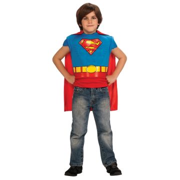 Boys Superman muscle chest costume top with red cape and S-shield emblem