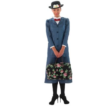 Adult Mary Poppins costume with slate blue jacket-dress and floral carpetbag