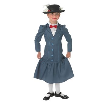 Girls Mary Poppins costume with slate-blue Victorian dress and black hat with flowers