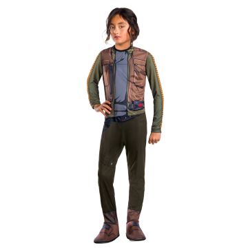 Kids Girls Jyn Erso Classic Costume hero full front view - girl wearing printed rebel jumpsuit with jacket and scarf prints, pants with boot tops