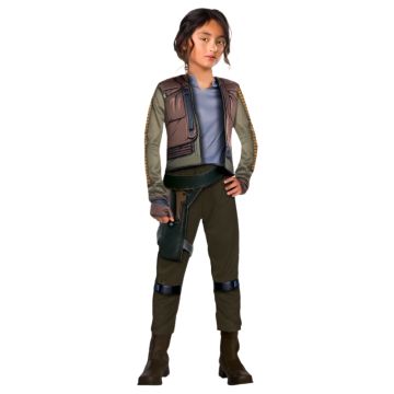 Kids Girls Jyn Erso Deluxe Costume hero full front view - girl wearing foam-padded rebel jacket, pants with strap detail and belt with attached holster