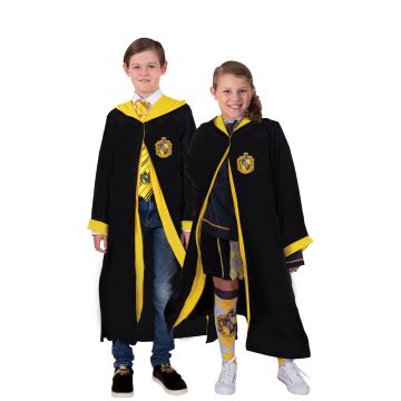 Black wizard robe with yellow trim and attached hood for children