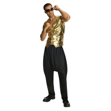 Adult wearing metallic gold rapper vest with 3-button front and deep V-neck