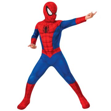 Kids Spider-Man costume with red and blue webbing jumpsuit and snood mask