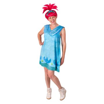 Womens Poppy Trolls costume - bright aqua dress with pink upright wig