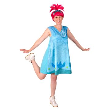 Womens Poppy Trolls Costume - Bright Blue Dress with Pink Wig & Tiara