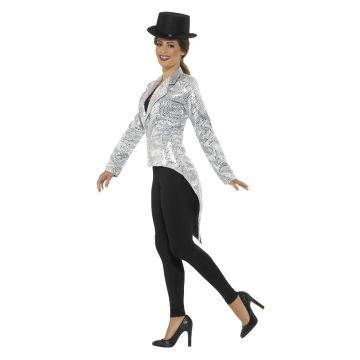 Adult Womens Silver Sequin Tailcoat Jacket - Showgirl Ringmaster Costume
