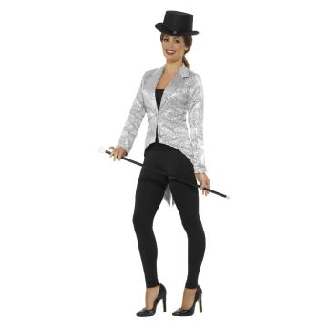 Adult womens silver sequin tailcoat jacket with split-tail back and peaked lapels