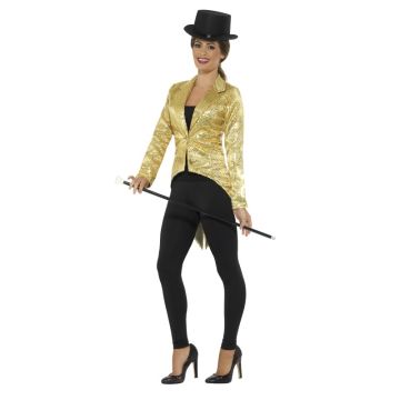 Close-up of gold sequin tailcoat showing tuxedo lapel detail and waist closure