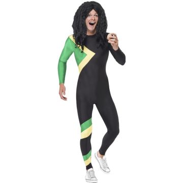 Back view of bobsled team costume showing zipper closure and stripe placement