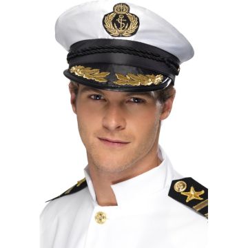 White Captain Hat - Sailor Yacht Skipper Cap with Gold Detail