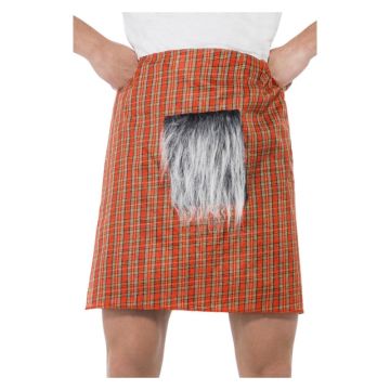 Adult red tartan kilt with attached gray fur sporran, front view