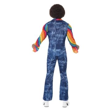 Adult Mens 60s Disco Jumpsuit - Blue Denim Rainbow Sleeve Costume