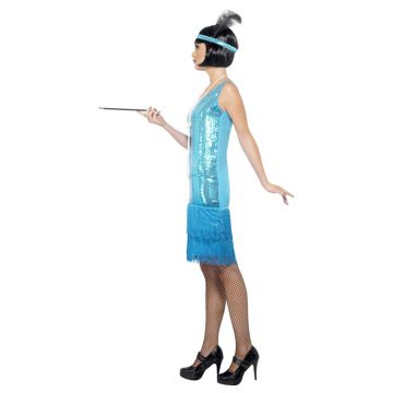 Adult Womens Teal Flapper Costume - 1920s Sequin Fringe Dress with Headpiece