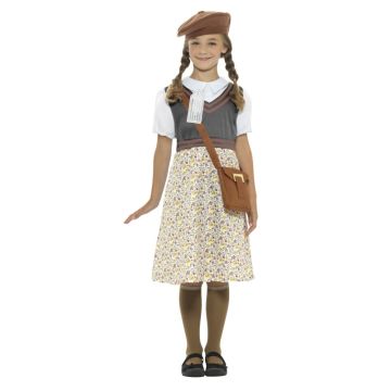Complete wartime evacuee costume set with dress, beret, satchel and name tag accessories
