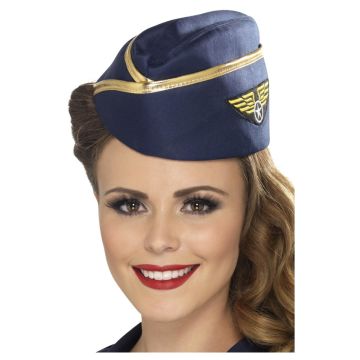 Adult Flight Attendant Hat - Navy Blue Air Hostess Cap with Gold Trim