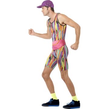 Adult Mens 90s Aerobics Instructor Costume - Retro Fitness Jumpsuit with Cap