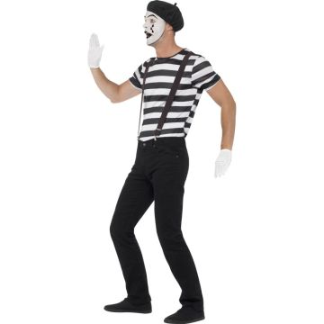 Adult French Mime Costume with Beret and Makeup - Mens Striped Street Performer Outfit