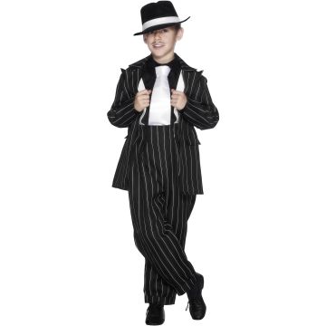 Kids mobster costume showing wide-leg trousers and oversized jacket