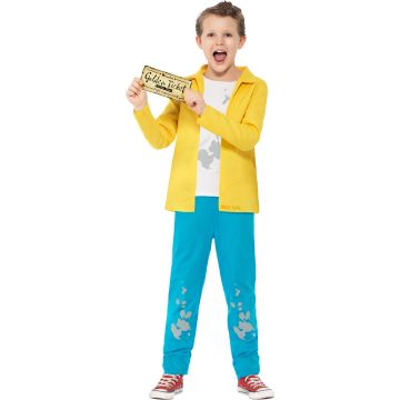 Boys Charlie Bucket costume with yellow jacket, turquoise trousers and Golden Ticket prop