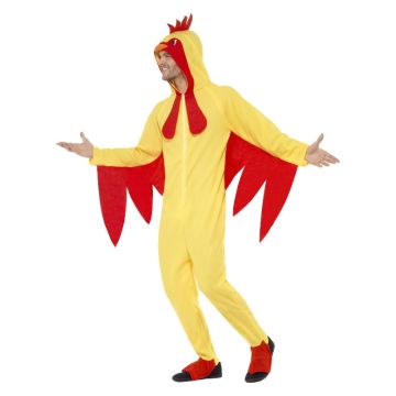 Adult Chicken Costume - Yellow Rooster Jumpsuit with Hood & Wings