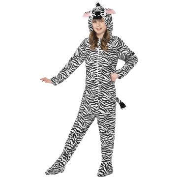 Kids Zebra Onesie Costume with Hood and Tail - Black & White Striped Jumpsuit