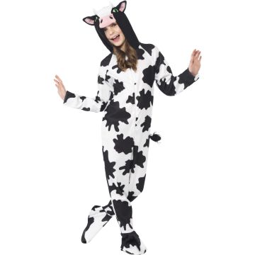Kids cow jumpsuit detail showing black hoof prints at wrists and center-front zipper