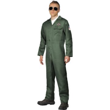 Mens 1980s Fighter Pilot Jumpsuit Costume - Olive Green Flight Suit with Patches