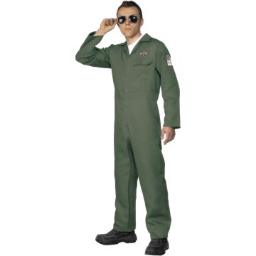 Mens olive green 1980s fighter pilot jumpsuit costume with wing badge and flag patches