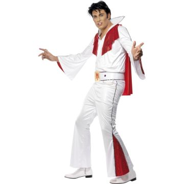 Adult Elvis Rock and Roll Legend Costume - White Jumpsuit with Red Cape