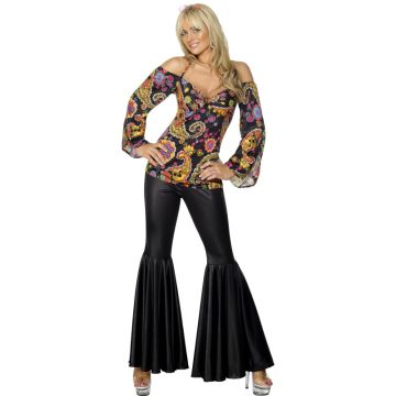 Women's 60s 70s Disco Hippie Costume - Paisley Bell Sleeve Top & Flared Trousers