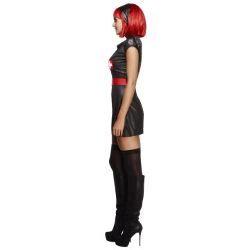 Womens Sexy Nurse Costume Dress with Hat and Belt - Black Wet-Look Mini