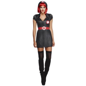Womens sexy nurse costume dress in black wet-look fabric with red medical cross
