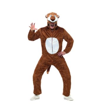 Adult lion onesie pyjamas front view showing caramel plush fleece jumpsuit with cream belly panel and zipper closure