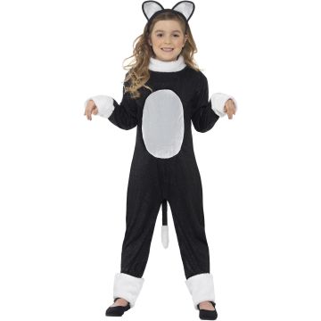 Kids black cat costume jumpsuit with white fur collar and cuffs, full body view