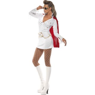 Elvis Ladies Costume - White Studded Dress with Red Cape