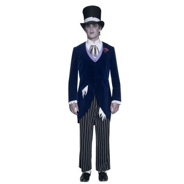 Adult gothic groom costume with navy velvet tailcoat and pinstripe trousers
