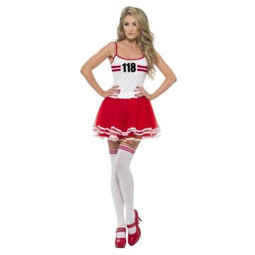 Women's marathon runner costume with red race number vest and white tutu