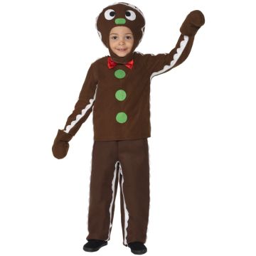 Gingerbread cookie costume showing white icing trim and green button details