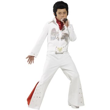 Kids Elvis costume white rhinestone jumpsuit with red scarf front view