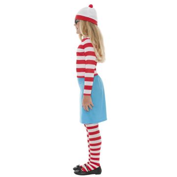 Girls Where's Wally Wenda Costume - Striped Top Skirt Hat Glasses Tights