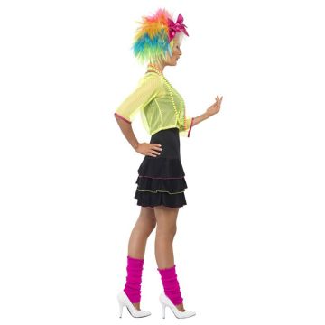 Womens 1980s Disco Costume - Neon Pop Star Outfit with Fishnet Top & Ruffled Skirt
