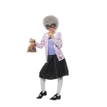 Girls gangster granny outfit with floral top, polka-dot skirt, grey wig and swag bag