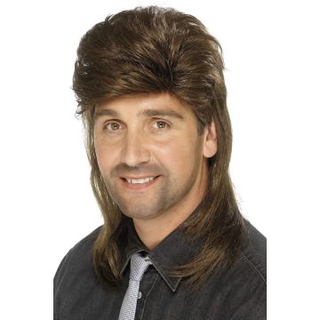 Adult 70s 80s Mullet Wig - Brown Rock Star Costume Wig with Teased Crown