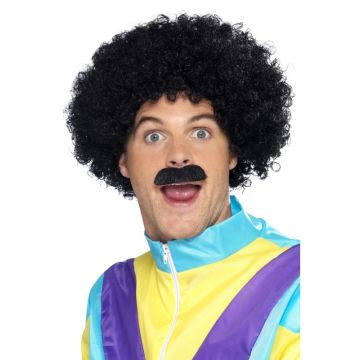 Adult Black Curly Afro Wig & Moustache Set - 70s 80s Costume Accessory