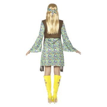Adult Womens 1960s Hippie Costume - 70s Psychedelic Dress with Fringe Vest