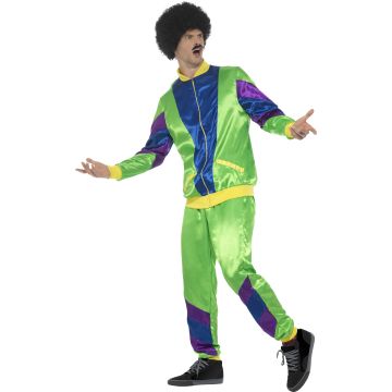 1980s athletic tracksuit costume with shiny polyester fabric and yellow ribbed trim